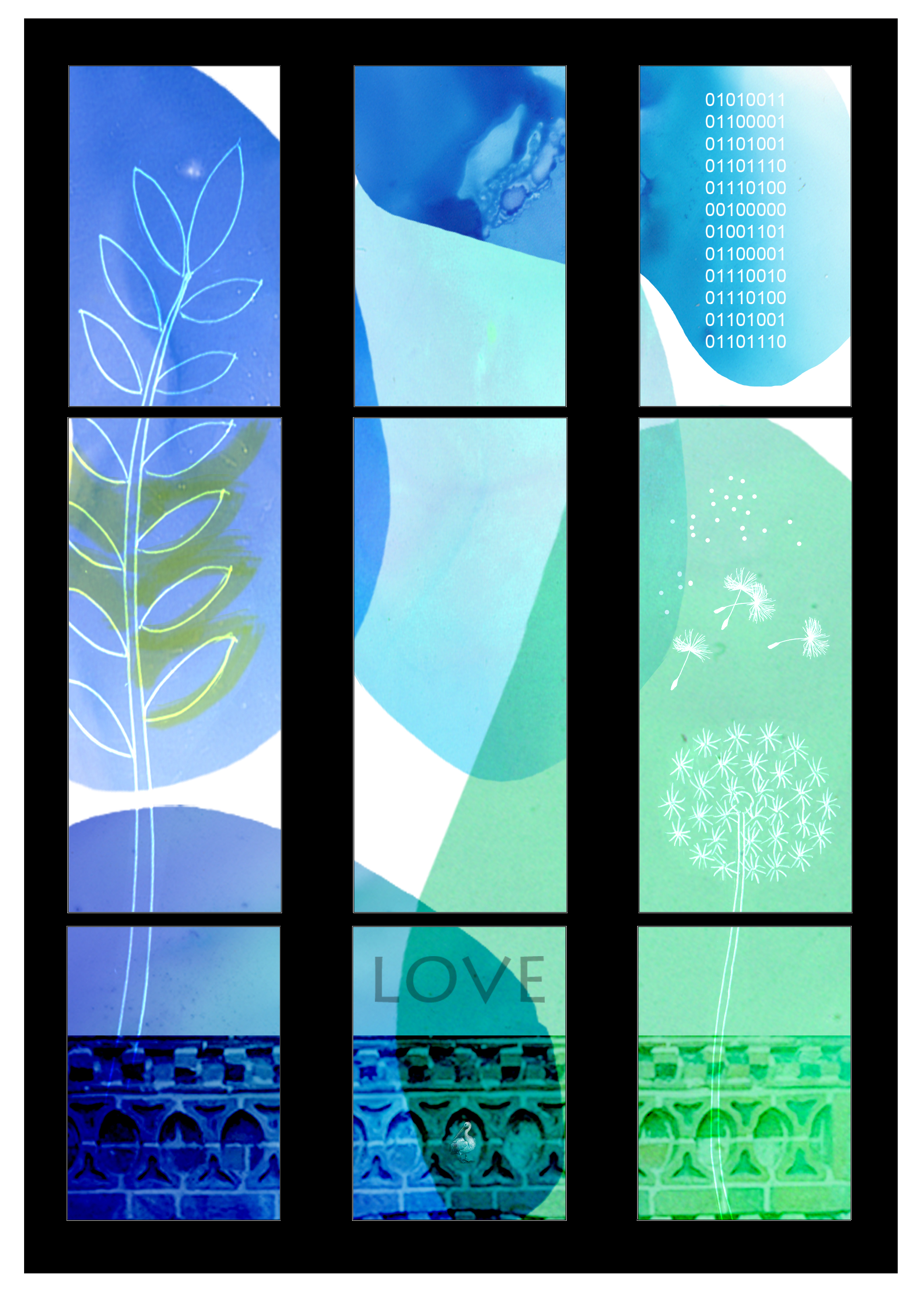 Artist impression of a new modern stained glass window with blue and turquiose shapes, saplings and the word love