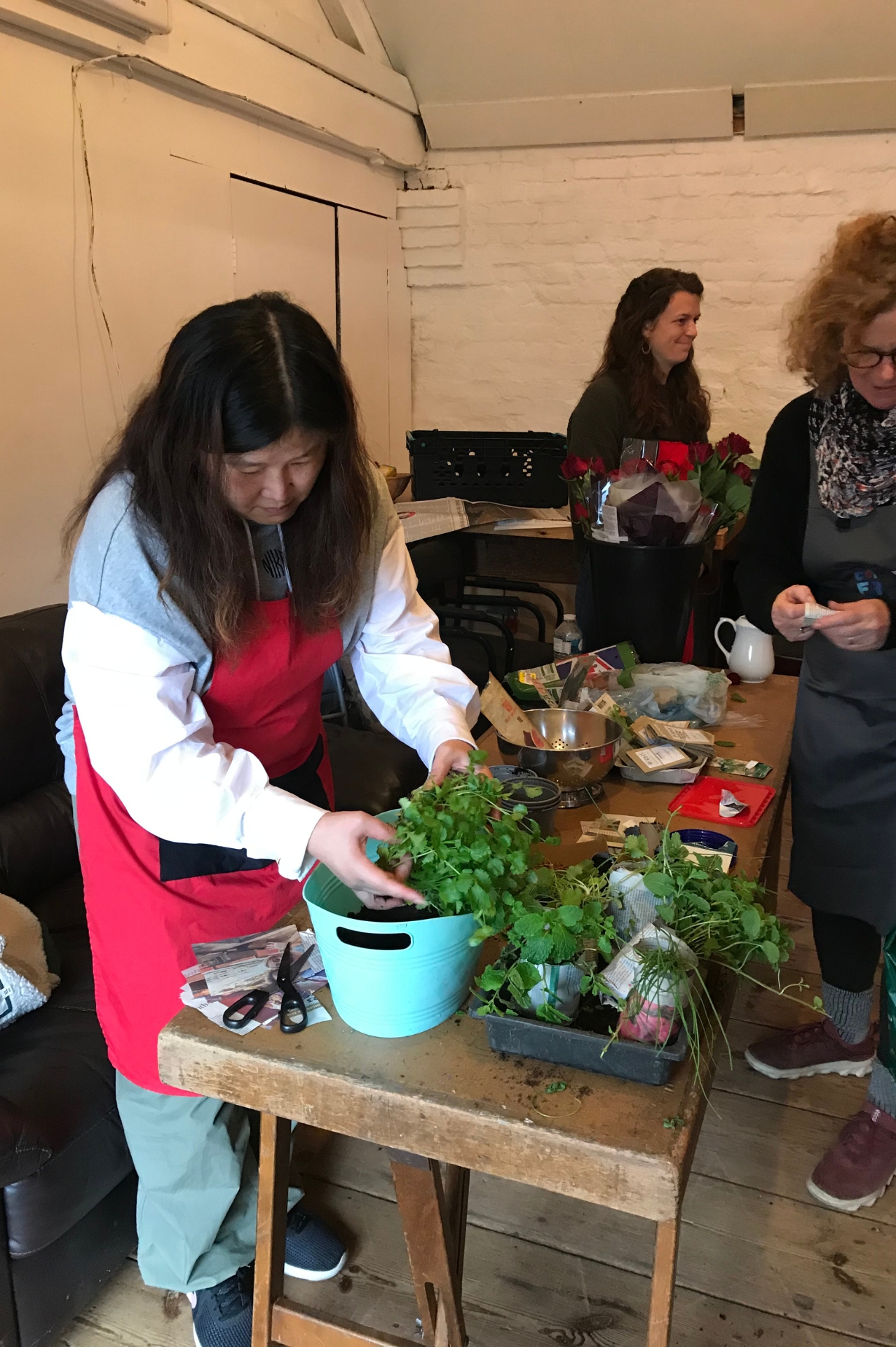 Woman in a red apron tends to a plant in a pot