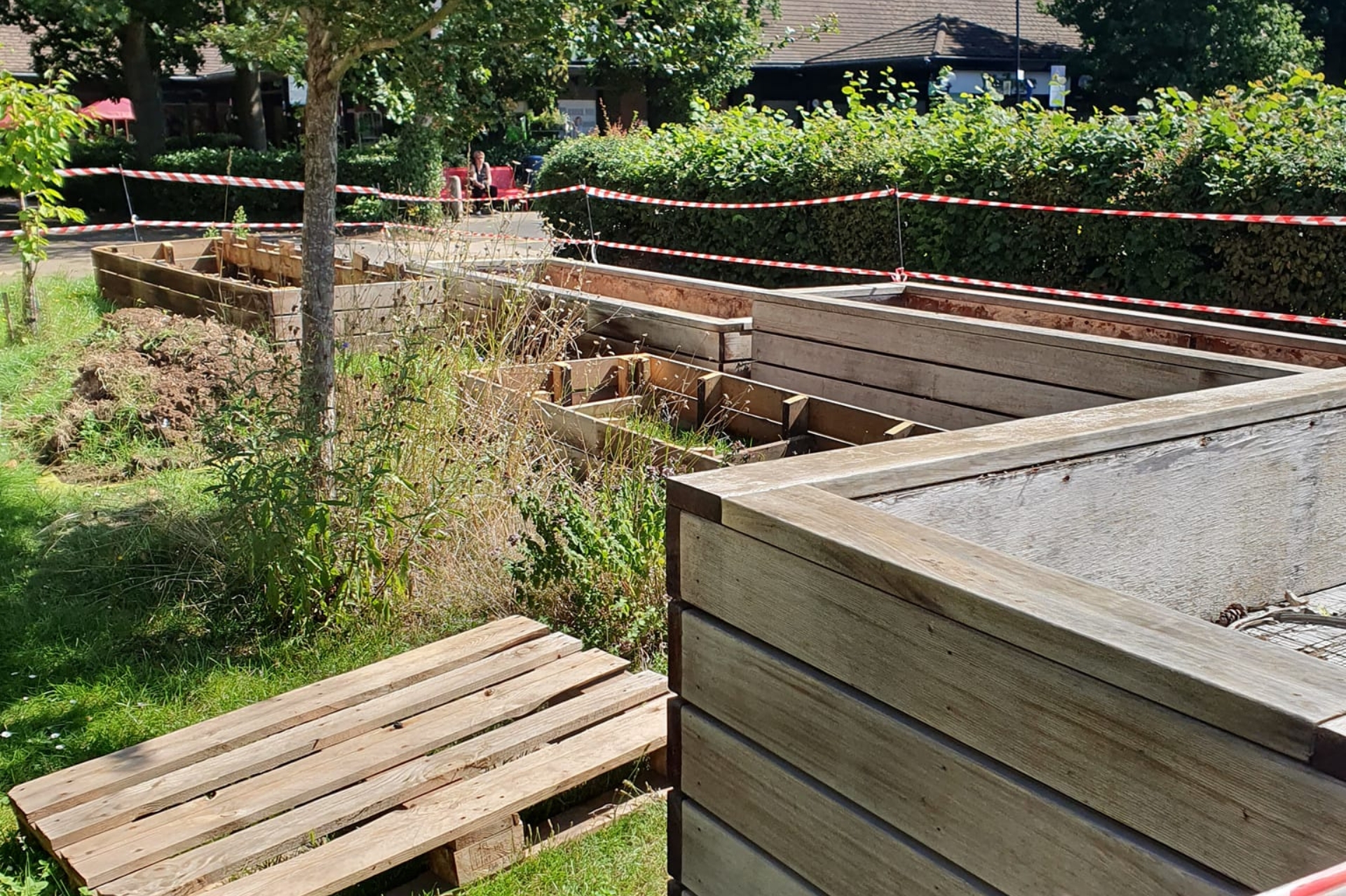 Large timber sleeper gardening boxes siting on a lawn with hedges and trees nearby surrounded by construction warning tape