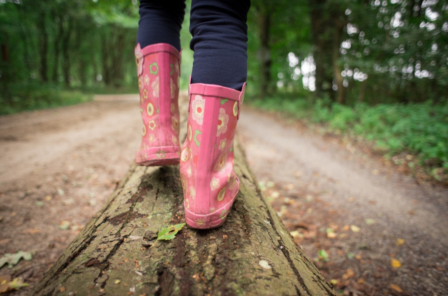 Close up of a child in the countryside walking on a log in pink floral wellies 