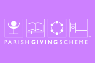 Logo of the Parish Giving Scheme in purple and white colouring depicting icons of a communion cup, bible and church building
