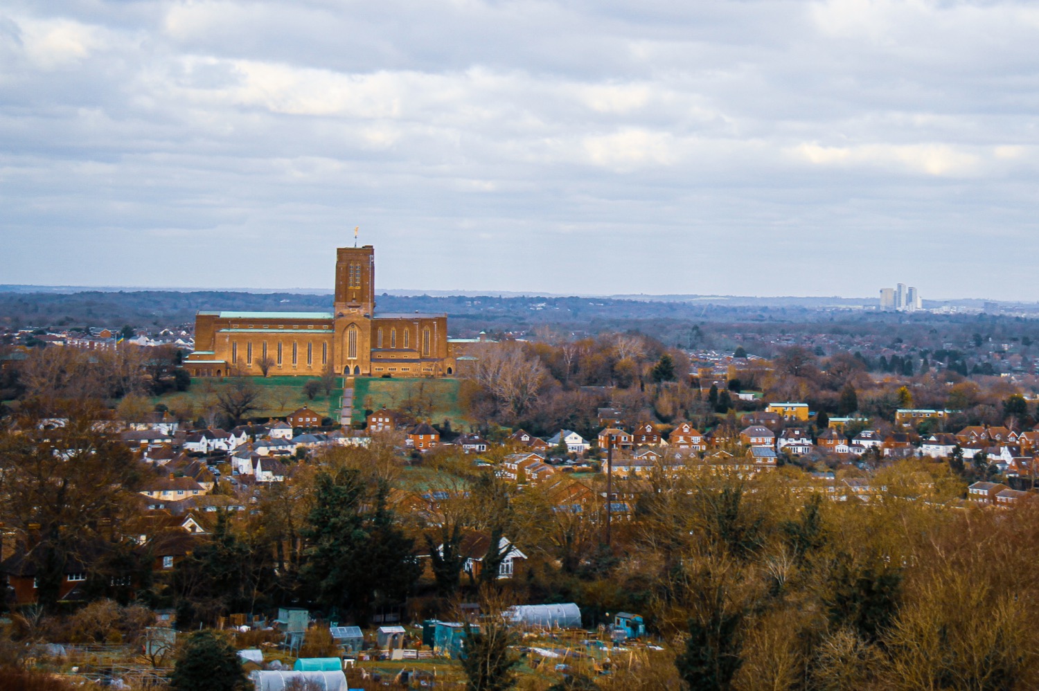 Hilltop view across town to Guildford Cathedral