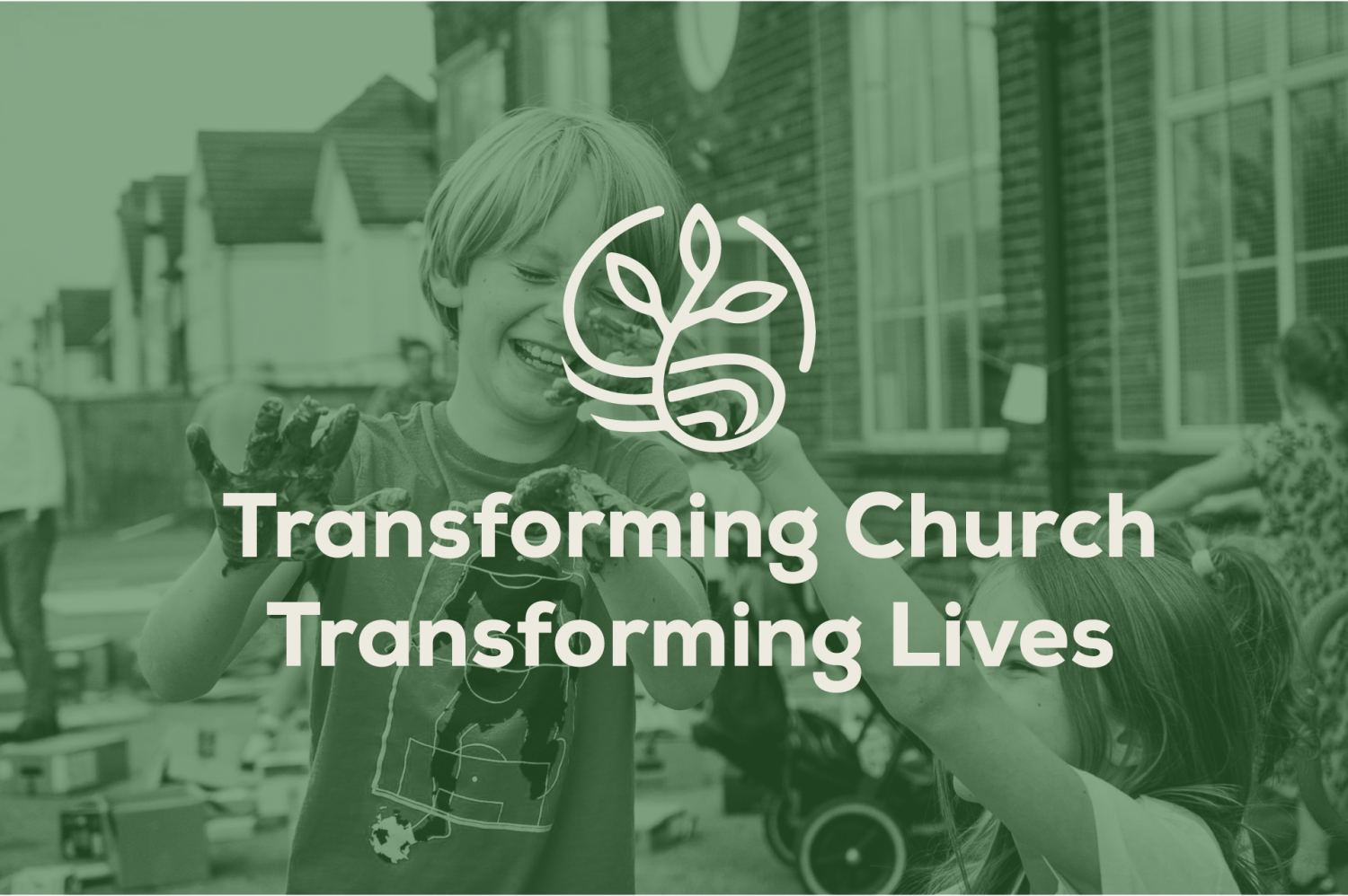 Transforming Church Transforming Lives logo on green background with smiling children